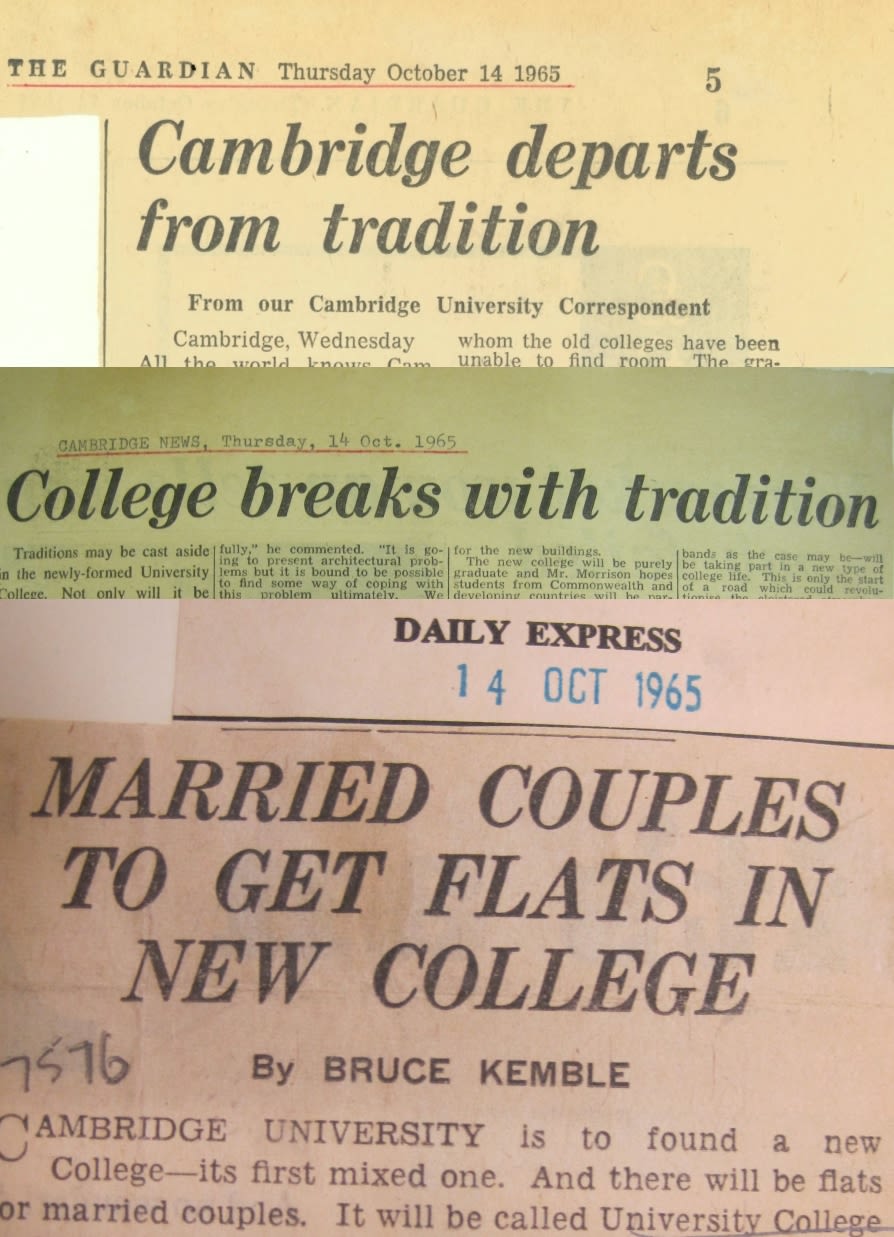 Headlines from the Guardian, Cambridge News, and Daily Express describing University College's break from Cambridge tradition