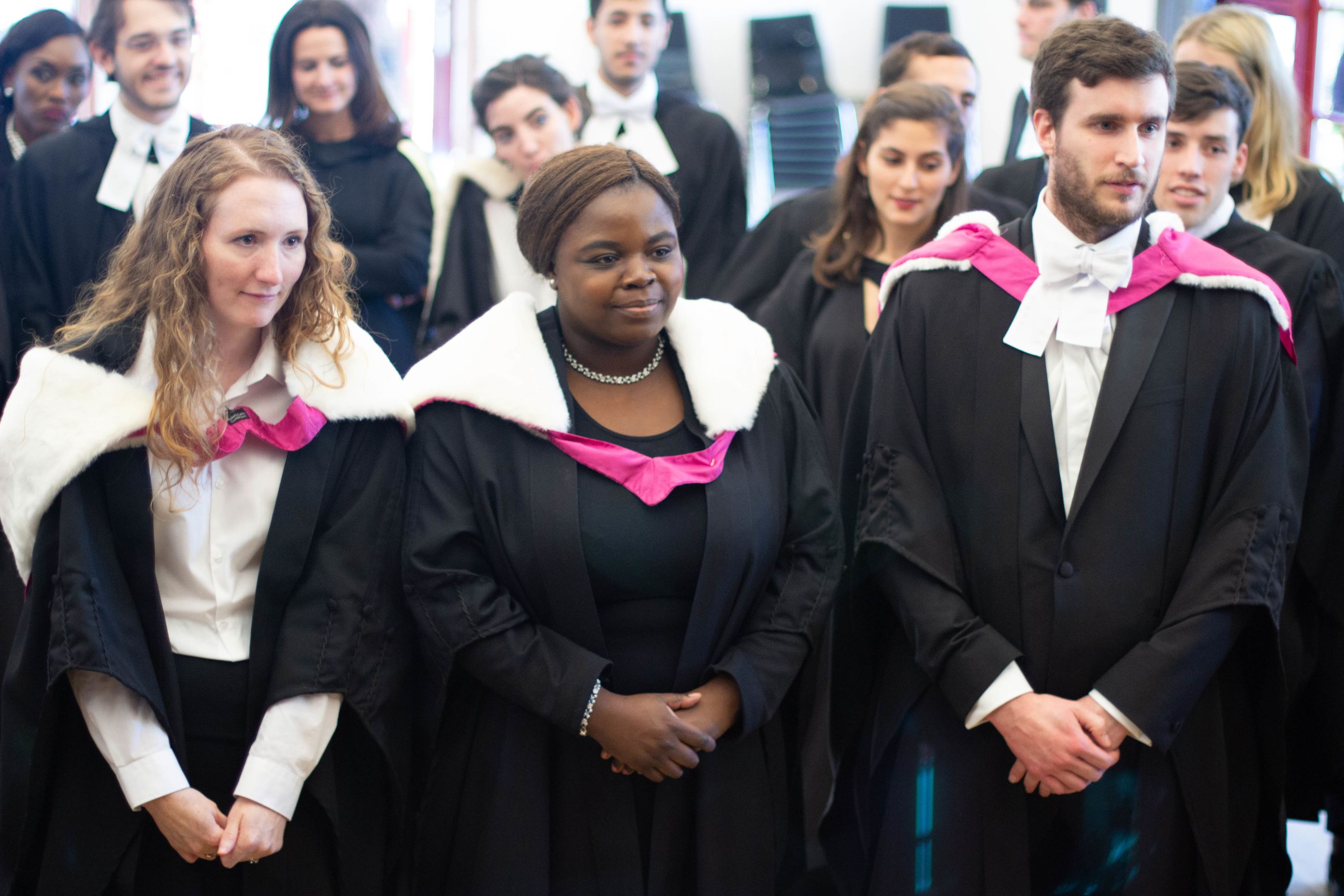 Picture of robed graduates of Wolfson College before Congregation. 