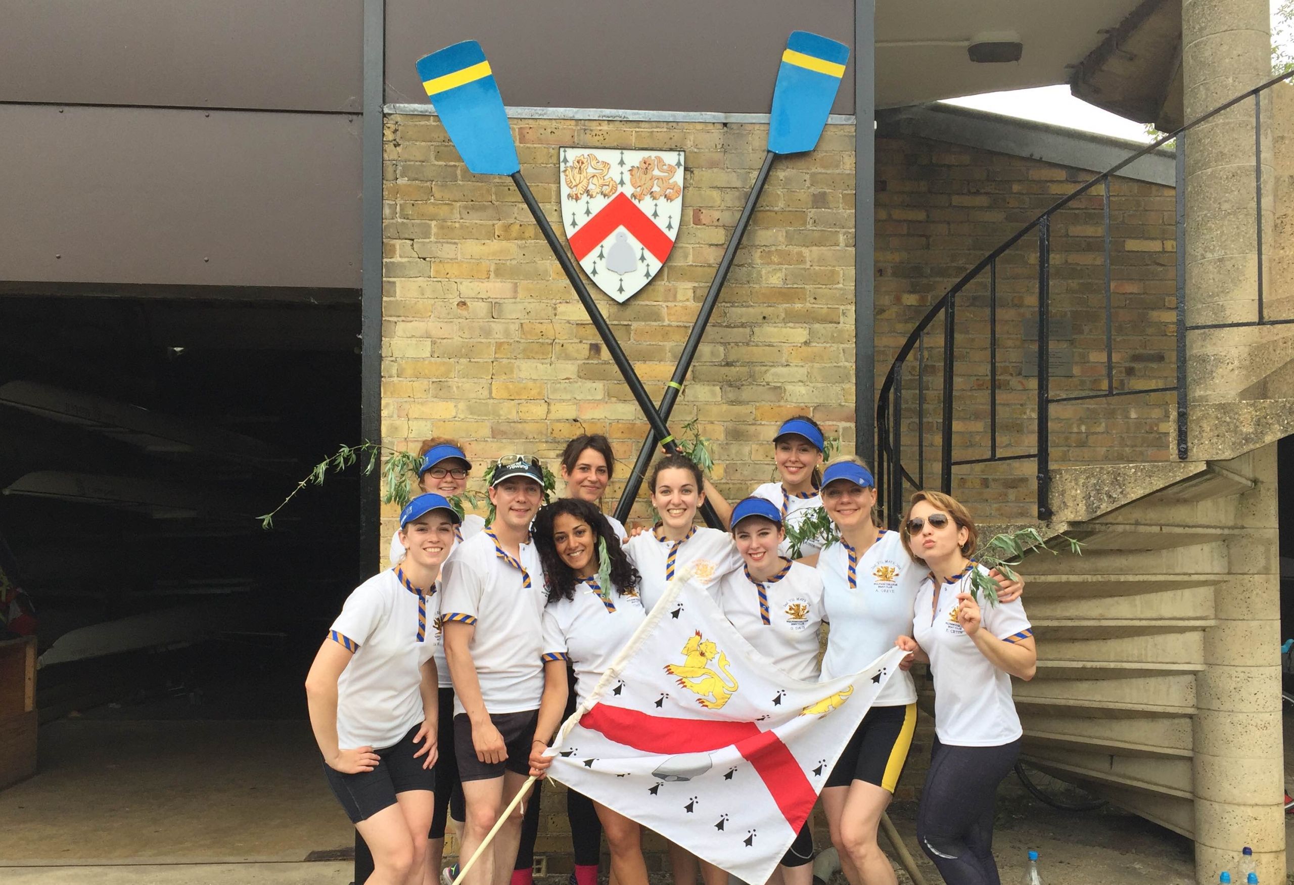 The Second Women's boat crew of 2017 at the Wolfson College boathouse