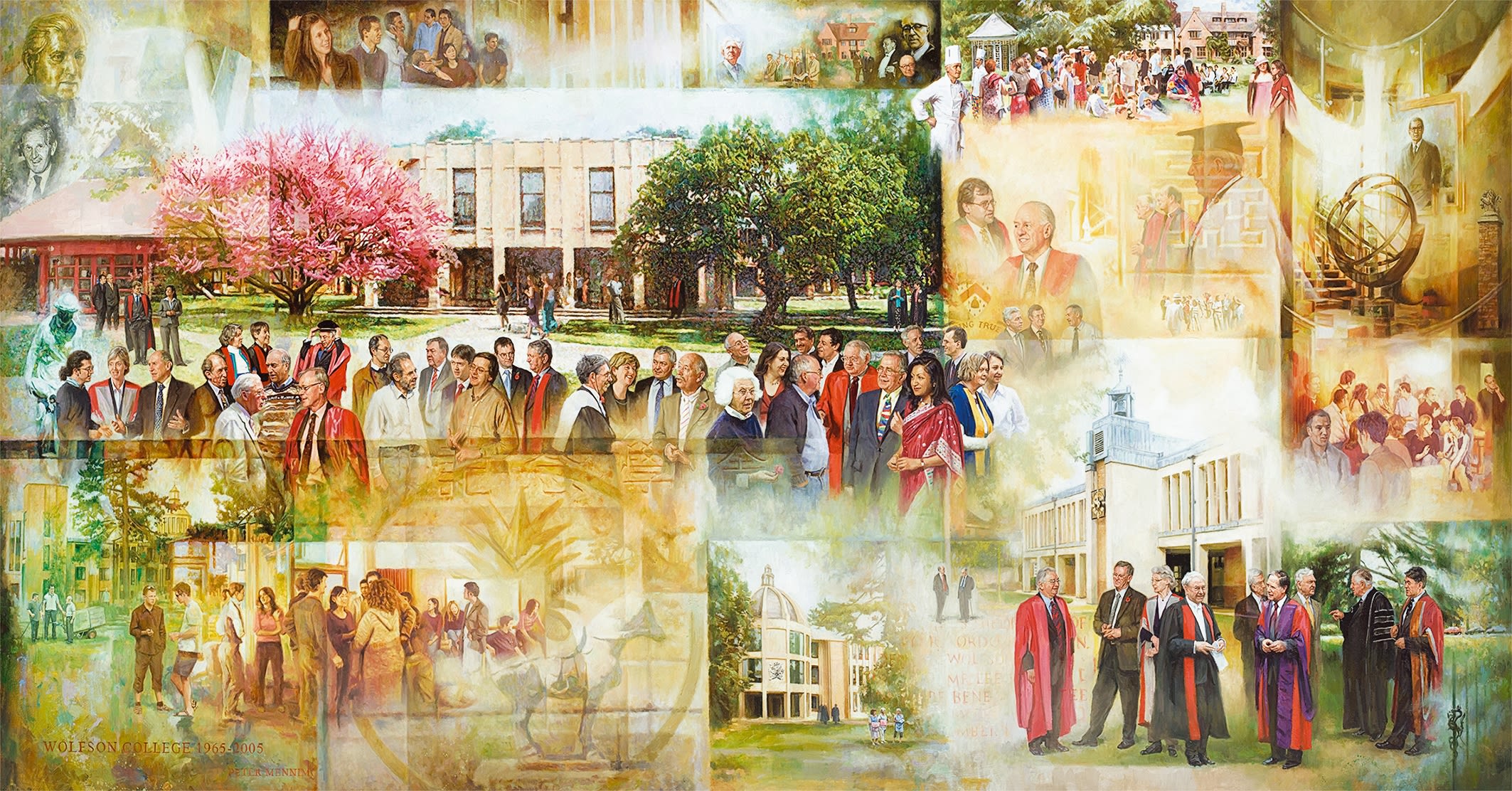 Wolfson College Mural (1965–2005) by Peter Mennim. Marking the 40th Anniversary of the College, this commemorative mural depicts various members of academic and non-academic staff and students in scenes portraying College life.