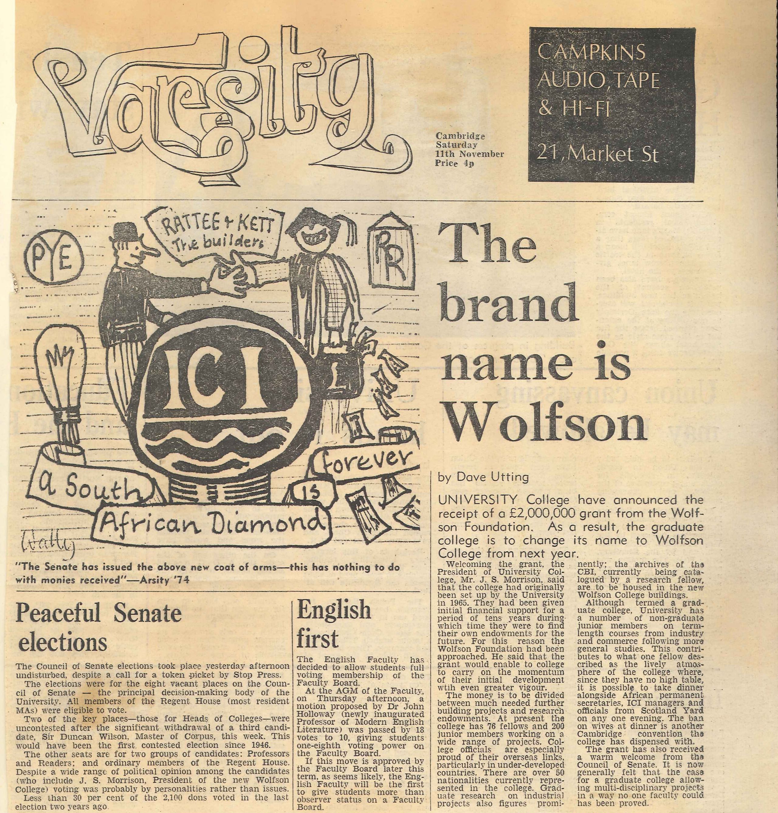 The headline from Varsity on 11 November 1972, reads 'The brand name is Wolfson'