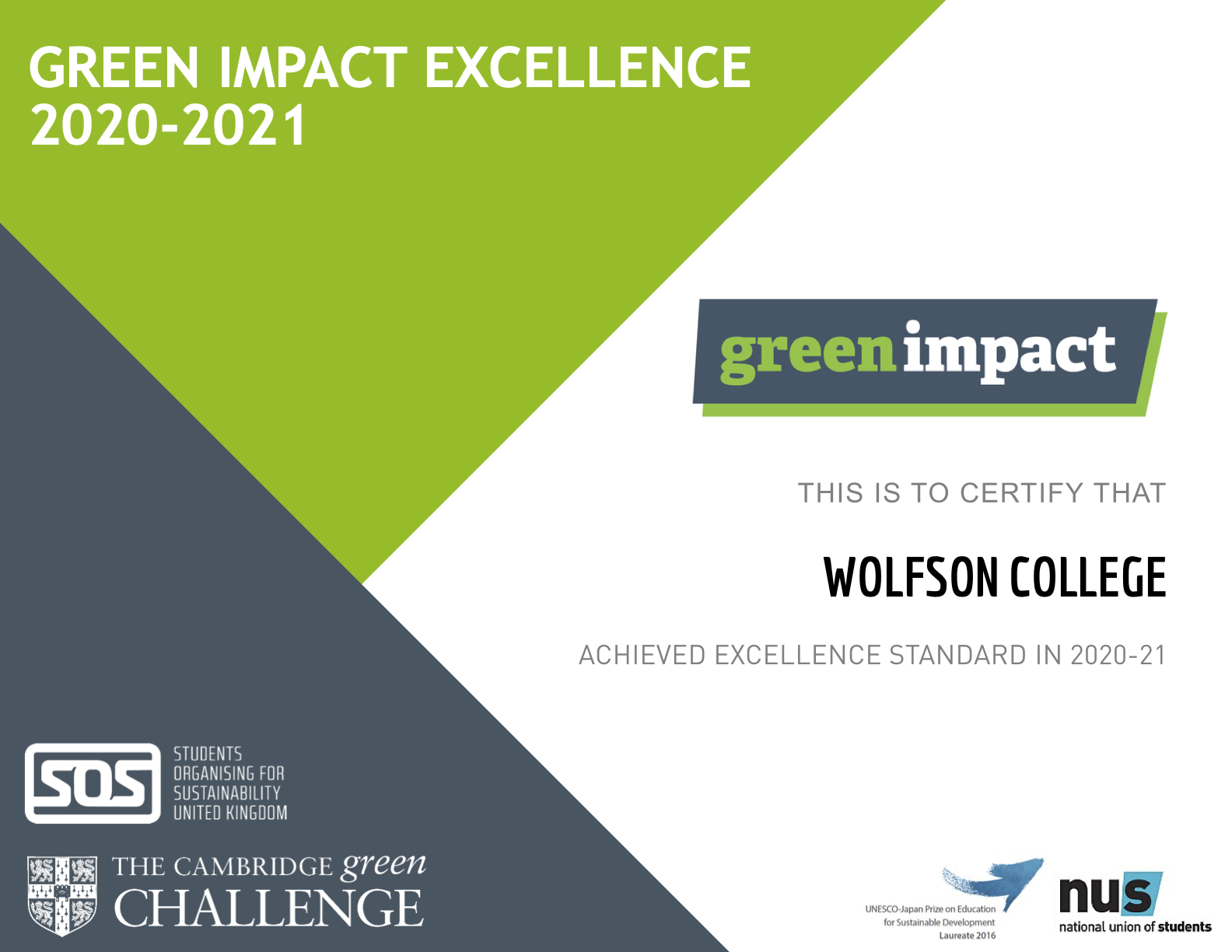 The Green Impact Excellence Award certificate, received 11/06/2021